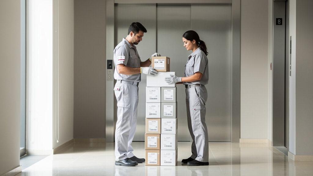 Professional apartment cleanout team removing furniture from hallway