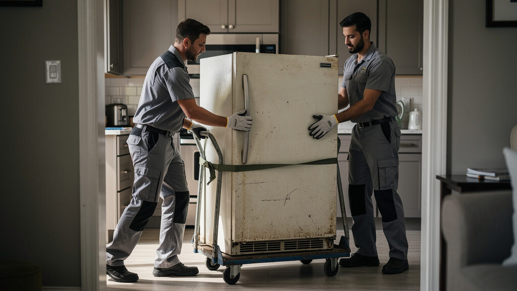 Experienced crew carefully removing a large refrigerator through a kitchen doorway