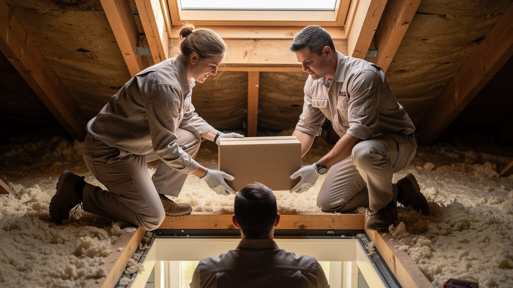 Professional crew removing boxes from full attic safely