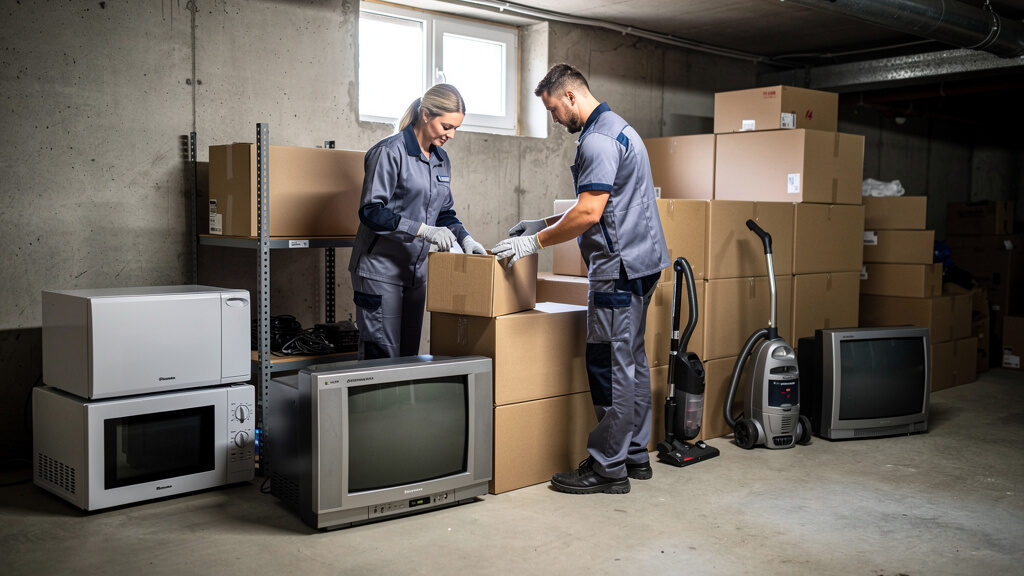 Professional basement cleanout showing organized removal of large items