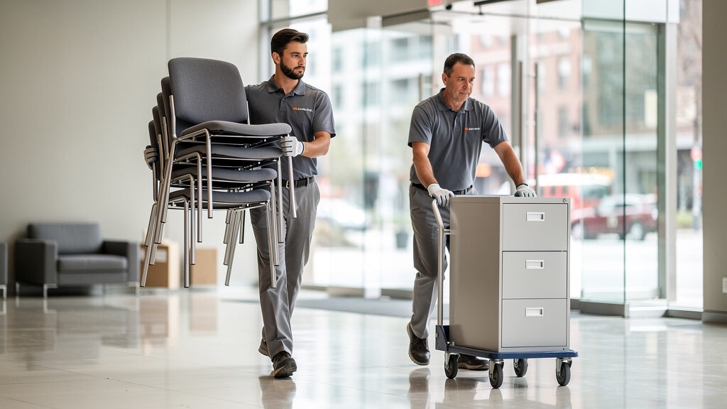 Commercial crew efficiently removing furniture and equipment from a retail space