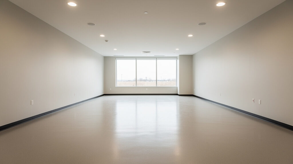 Multiple commercial equipment and furniture items staged in a warehouse space