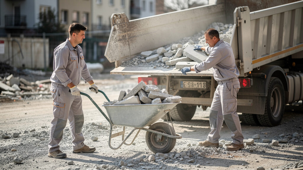 Heavy equipment breaking down concrete driveway