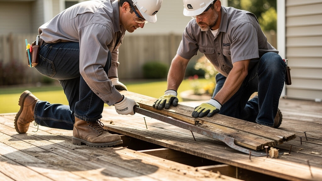 Deck demolition equipment and crew in action