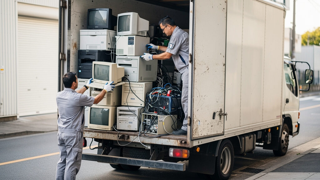 Professional crew carefully loading old televisions and computer equipment for responsible recycling