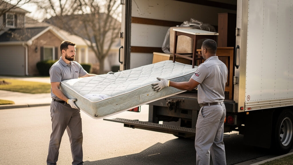 Professional crew removing furniture and debris from foreclosure property