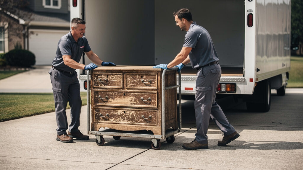 Professional furniture removal crew loading a large sofa into a truck