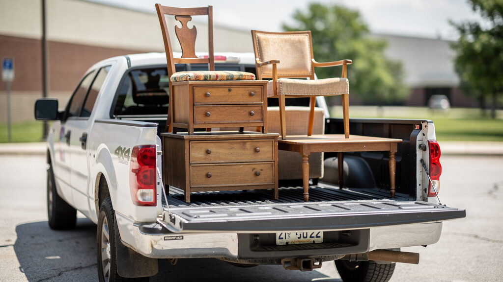 Well-organized furniture removal project showing multiple items staged and ready for pickup