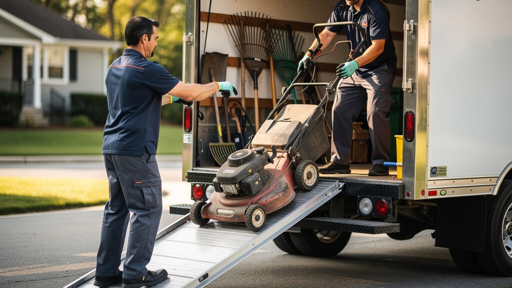 Professional crew clearing out packed garage