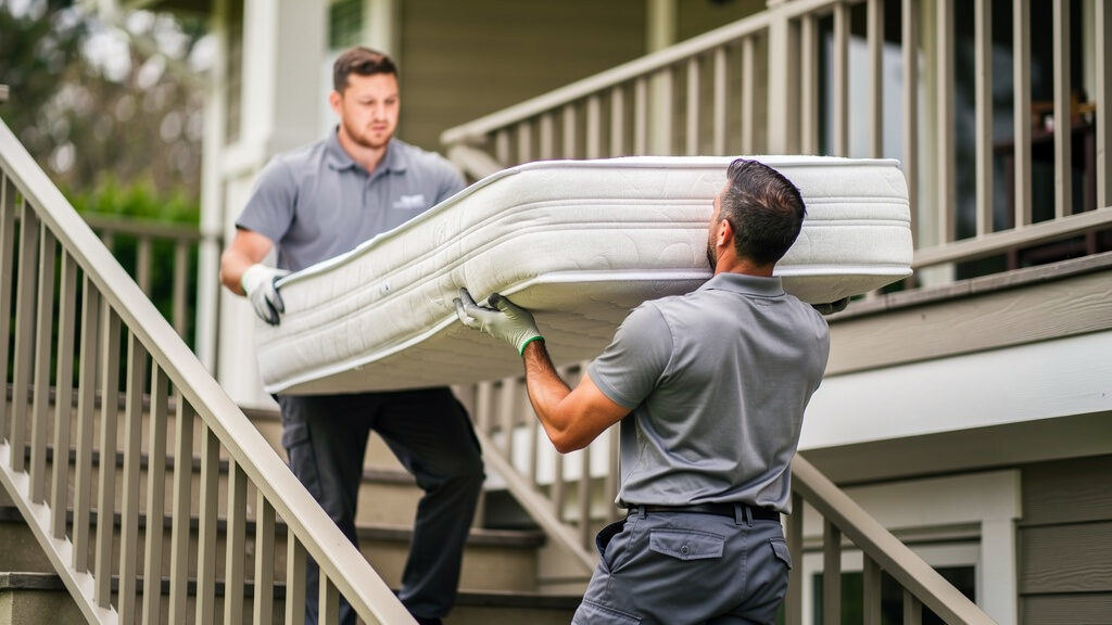 Professional crew skillfully maneuvering a queen mattress through a stairwell