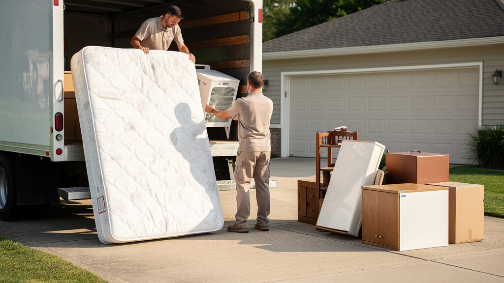 A pile of mattresses staged in a garage ready for removal
