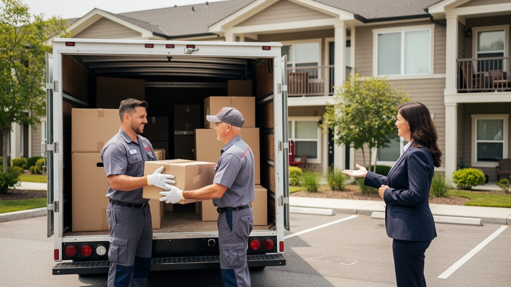 Professional cleanup crew clearing common area debris from apartment complex