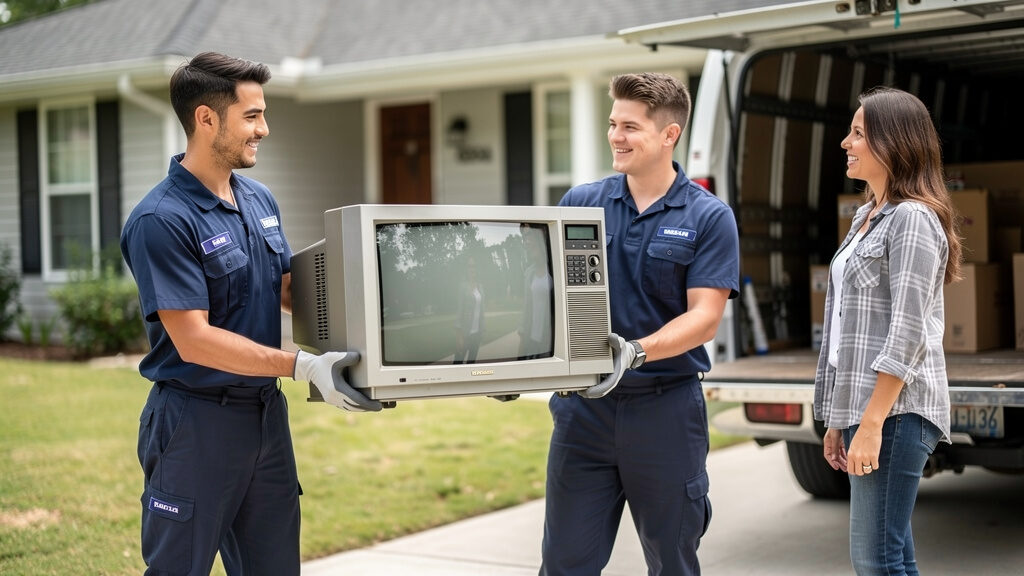 Professional crew carefully loading a single broken refrigerator from a home