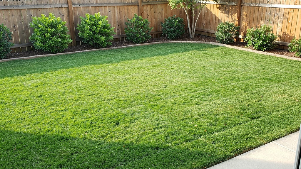 A residential yard cleared of debris with a neat pile of branches ready for loading